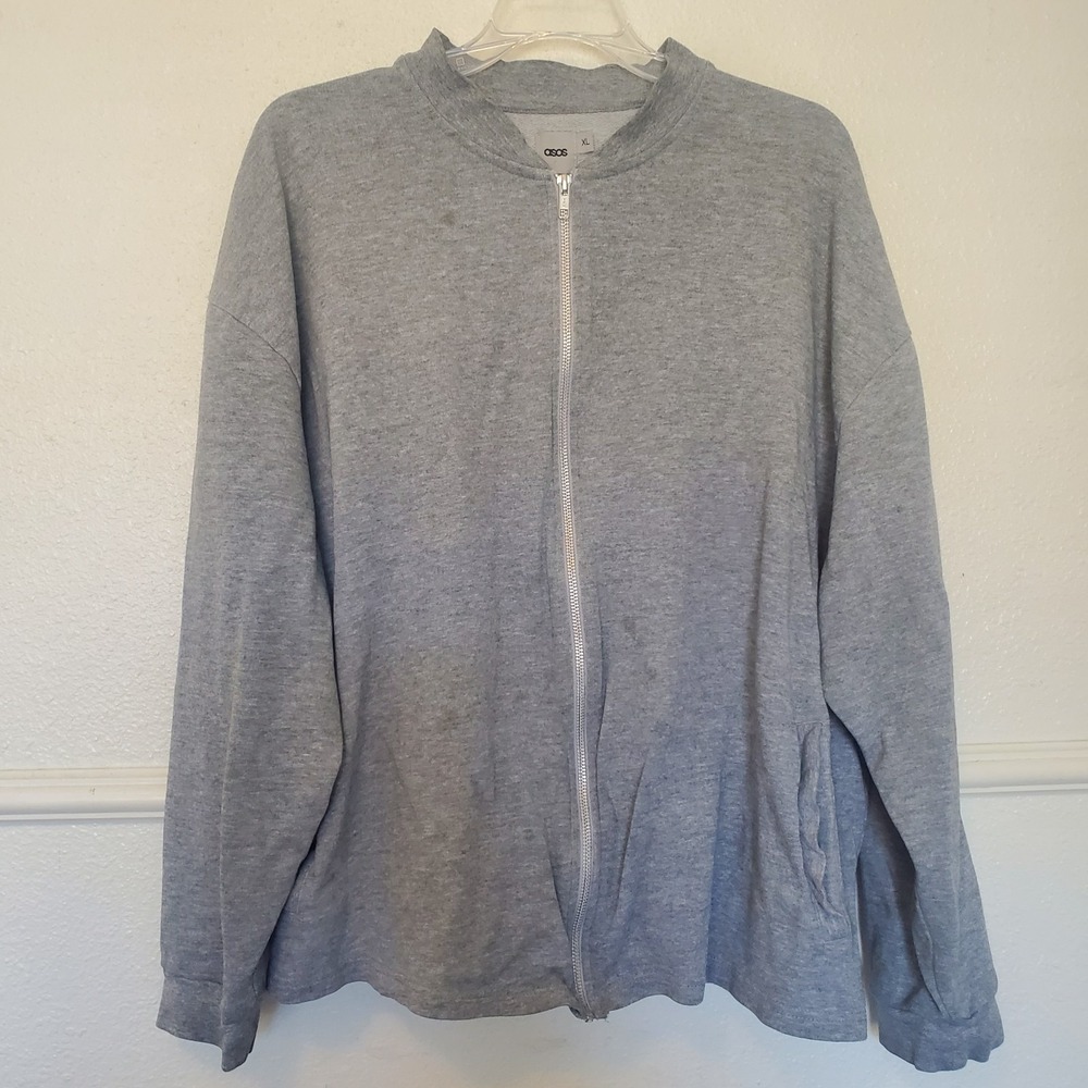 ASOS Mens XL Full Zip Sweatshirt Heather Gray Bomber Jacket Mock Neck Relax Fit